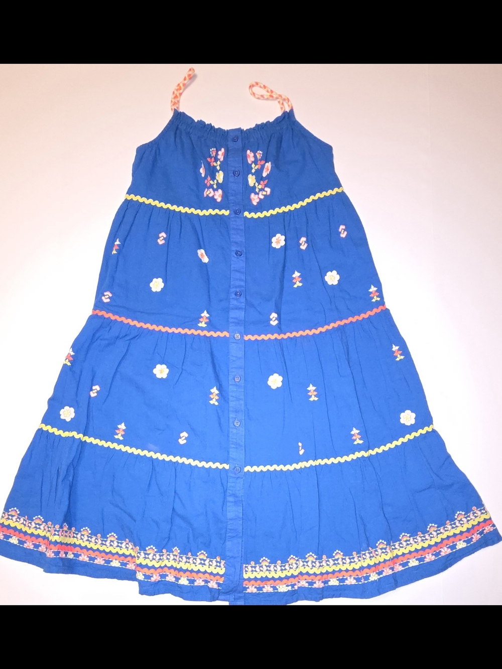 Mini Boden Kids Bright Blue Embroidered Tiered Dress 9-10 Y